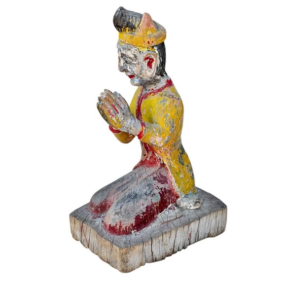 Antique Hand-Carved Wooden Kneeling Monk Statue With Praying Hands - Picture 13 of 16